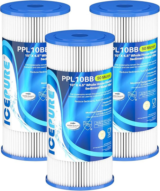 ICEPURE 50 Micron 10" x 4.5" Whole House Extra Coarse Pleated Sediment Filter for Well Water, Replacement Cartridge for GE FXHSC, Culligan R50-BBSA, DuPont WFHDC3001, W50PEHD, R50-BB, 3Pack