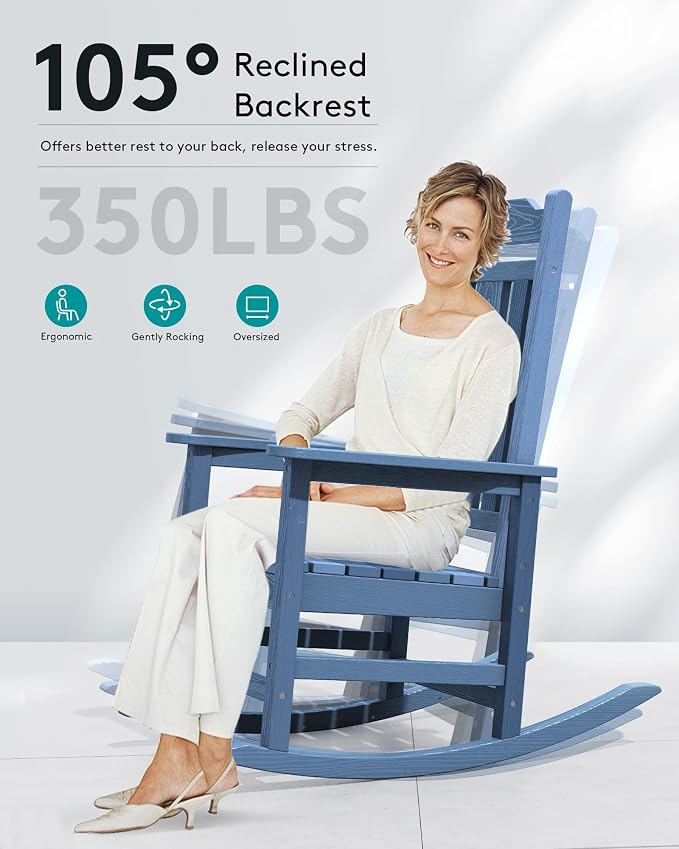 SERWALL Oversized Outdoor Rocking Chairs Set of 4, Patio Rocker Unique Blue | - Image 8