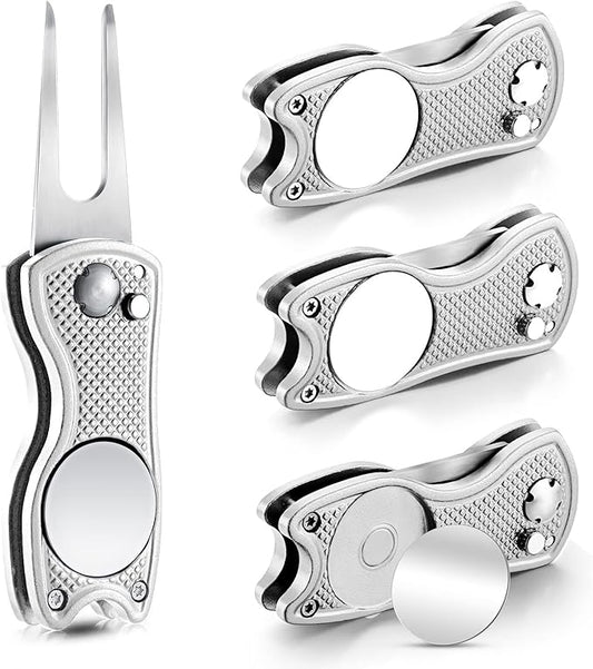 Skylety 4 Pcs Golf Divot Repair Tool Metal Foldable Golf Divot Tool with Magnetic Pop-up Button Ball Marker Stainless Steel Switchblade for Golfers Prizes