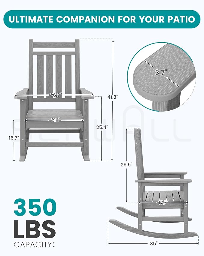 SERWALL Outdoor Rocking Chair for Adults, Sliver Gray | 21.1" Widened Seat adds - Image 2