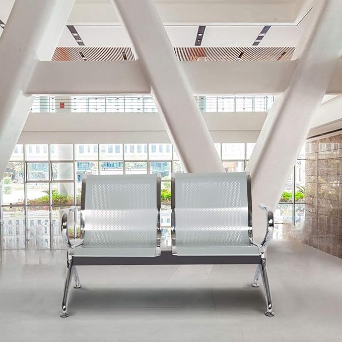 Waiting Room Chair Bench - Airport Reception Bench with Arms Guest Reception Chairs Office Chair Lobby Bench Seating Office Bench Waiting Area Chairs for Airport Market Bank Hospital School, Silver