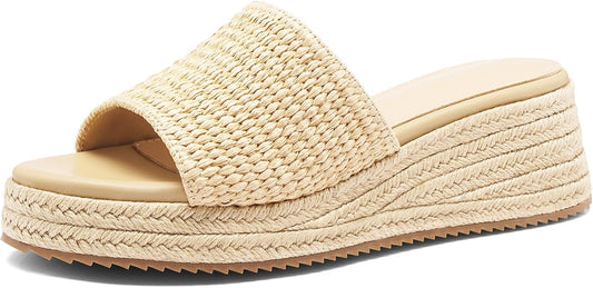 Platform Sandals Women Raffia Slip On Wedge Sandals,Comfortable Summer Wicker Espadrilles,Straw Beach Vacation Slides Shoes