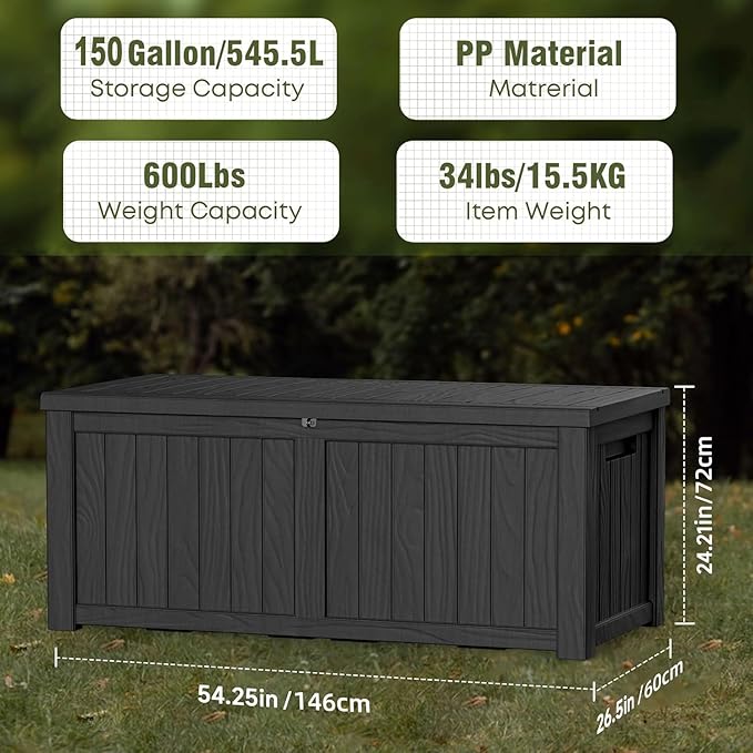 Outdoor Storage Box 150 Gal Waterproof Deck Box Lockable Black | Heavy-duty - Image 5