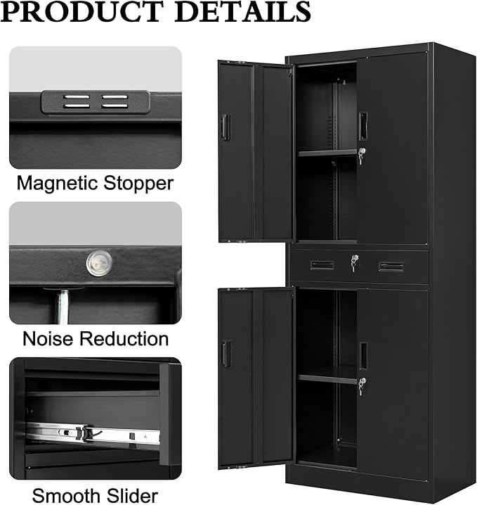 CJF Metal Storage Cabinet, 71" H Locking Storage Cabinet with Drawer and Adjustable Shelves, Steel Cabinets for Garage, Home Office, Kitchen (Black)