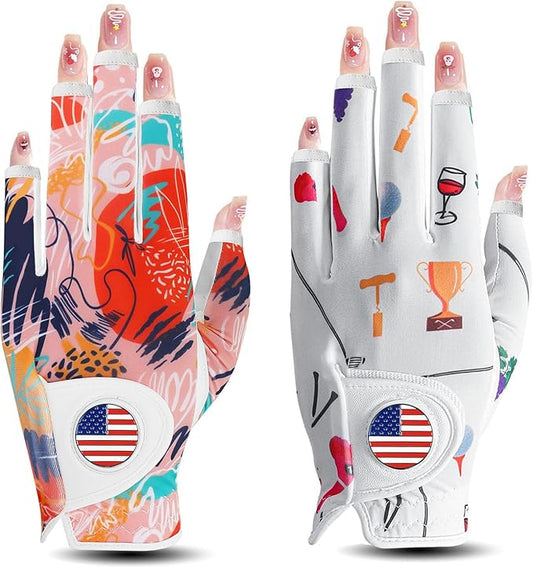 Golf Gloves Women with Ball Marker 2 Pack, Right Handed Golfer Left Hand, Ladies Breathable Soft All Weather Grip Glove Fit Size Small Medium Large XL