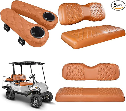 NOKINS Golf Cart Seat Covers for YAMAHA/G29/Drive2, Vinyl Front&Rear Seat Cover with Flip-Up Armrests kit, with Cup Holder, for 1" Square Tube (All Brown)