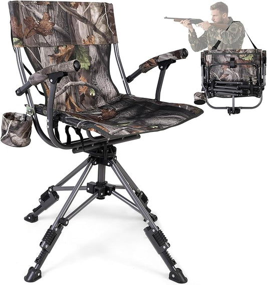 REDCAMP 360° Swivel Hunting Chair with Adjustable Feet for Ground Blinds, Portable Folding Camo Camping Chairs for Adults Hunting Seats with Hard Arms for Fishing Camping