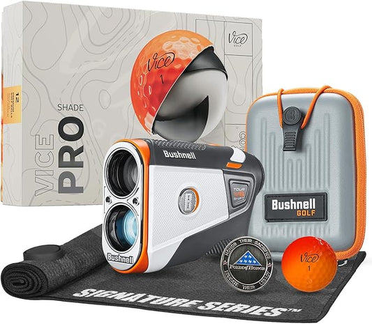 Bushnell Golf Tour V6 Shift Laser Rangefinder with Vice Balls | Slope Compensation, PinSeeker, Magnetic Mount, 1300 YD Range, 6X Magnification | Signature Series Golf Towel