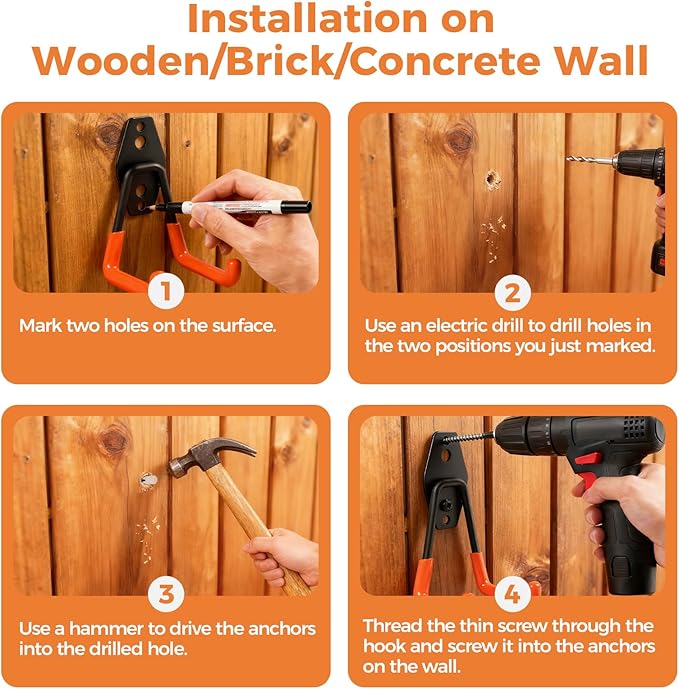 Garage Hooks Heavy Duty - 16 Pack Garage Storage Hooks Anti-Slip Coating Wall Mount Hook for Hanging Ladders Bikes Garden Tools Hose Orange
