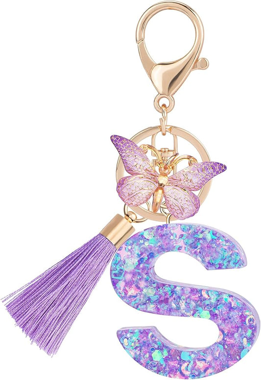 Suweibuke Colourful Cute Initial Letter Keychains for Women Girls with Tassel Butterfly, Charm for Purse Handbags Backpacks