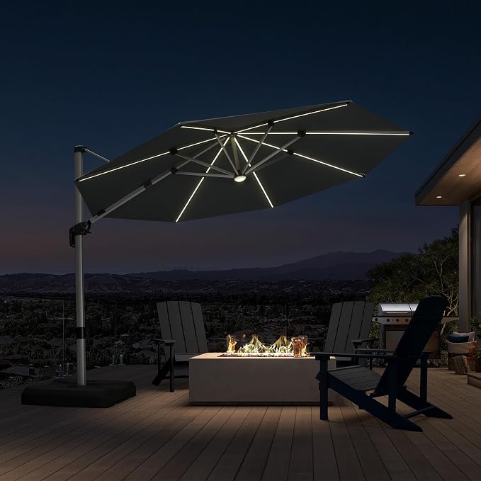 PURPLE LEAF Cantilever Patio Umbrella 11ft Round Solar LED Light, Stays bright by PURPLELEAF