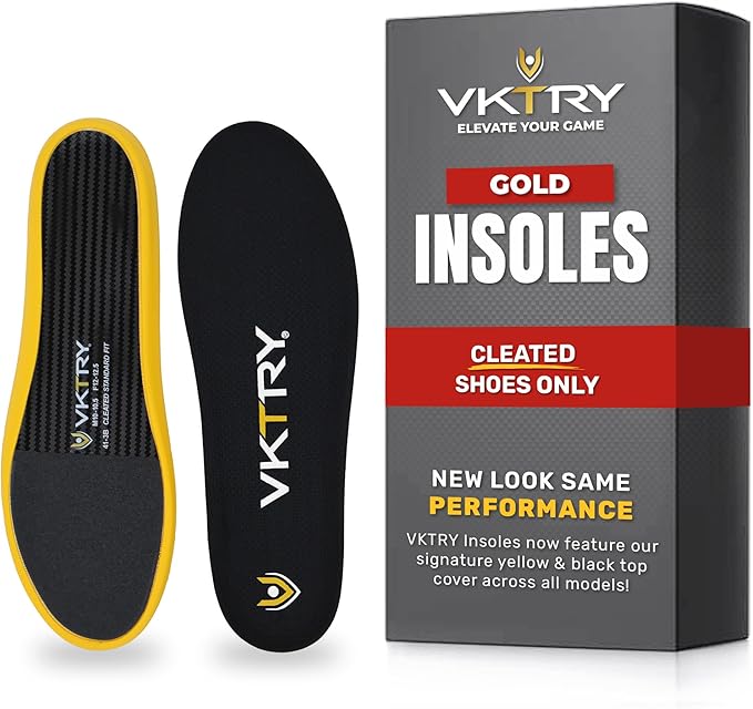 VKTRY Gold for Cleated Shoes - Carbon Fiber Performance Insoles - Customized Athletic Inserts for Soccer & Track | Shock Absorption, Run Fast, Jump High, US: Men 10-10.5, Women 12-12.5, <120lb