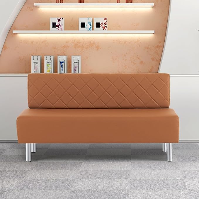 OmySalon Waiting Room Bench with Back, 58.6’’ Office Guest Chair Upholstered Reception Seating, Lobby Furniture for Beauty Salon Barbershop Airport Bank Hall Room Conference, Brown