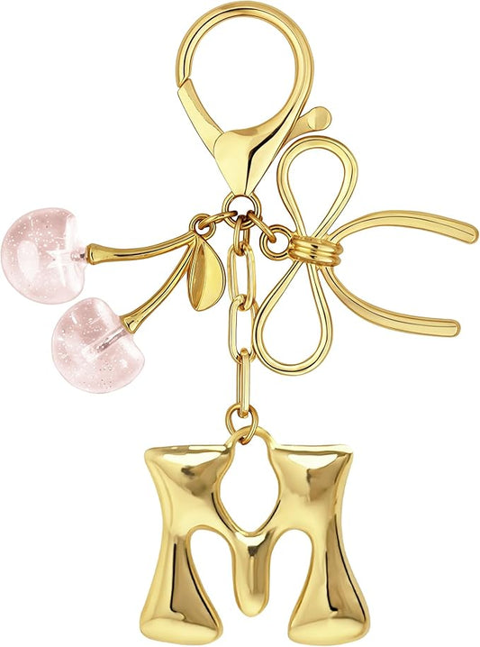Gold Bubble Heart, Cherry, Bow & More Designs Letter Initial Keychain Bag Charms – Cute Purse Charms for Handbags
