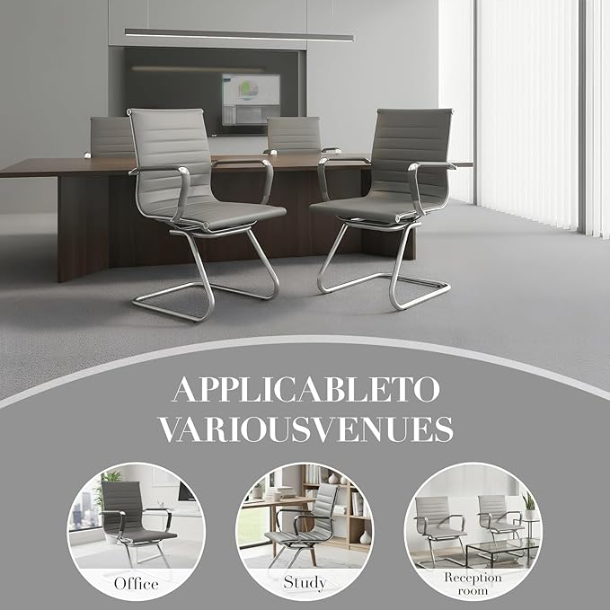 CIMOTA Waiting Room Chairs Leather Office Guest Chair Mid Back Reception Chairs with Sled Base for Meeting/Patient/Conference Room, Grey Set of 2