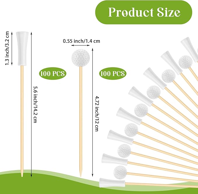Aodaer 200 Pieces Golf Tee Cocktail Picks 4.72 Inch Golf Ball Toothpicks Disposable Bamboo Skewers Sports Themed Fruit Picks Decorative Toothpicks for Appetizers Sports Players Party Supplies Events