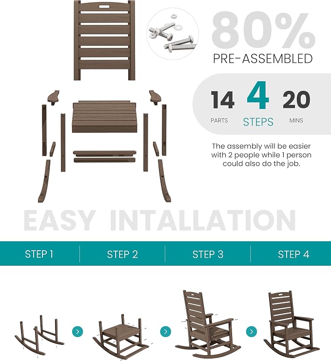 SERWALL Outdoor Rocking Chair Set of 4, Oversized HDPE Rocker, Coffee | - Image 4