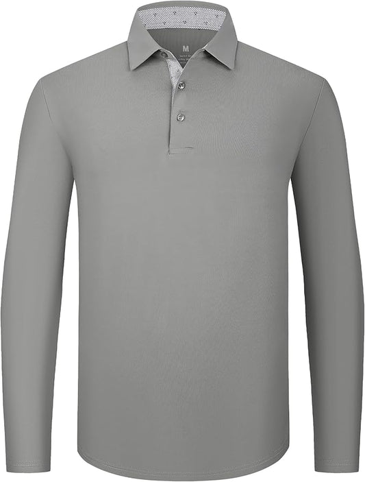 Alex Vando Mens Golf Shirt Moisture Wicking Quick-Dry Solid Long Sleeve Polo Shirts for Men