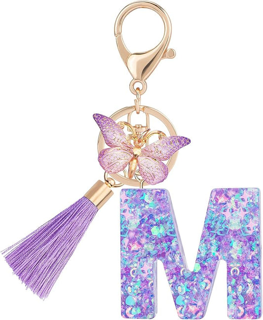 Suweibuke Colourful Cute Initial Letter Keychains for Women Girls with Tassel Butterfly, Charm for Purse Handbags Backpacks