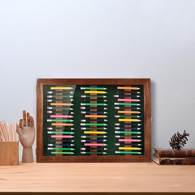 Golf Pencil Display Case Holds 51 Round or Octagonal Golf Pencils Wood Wall Mount Clear Display Case with Acrylic Dust UV Cover