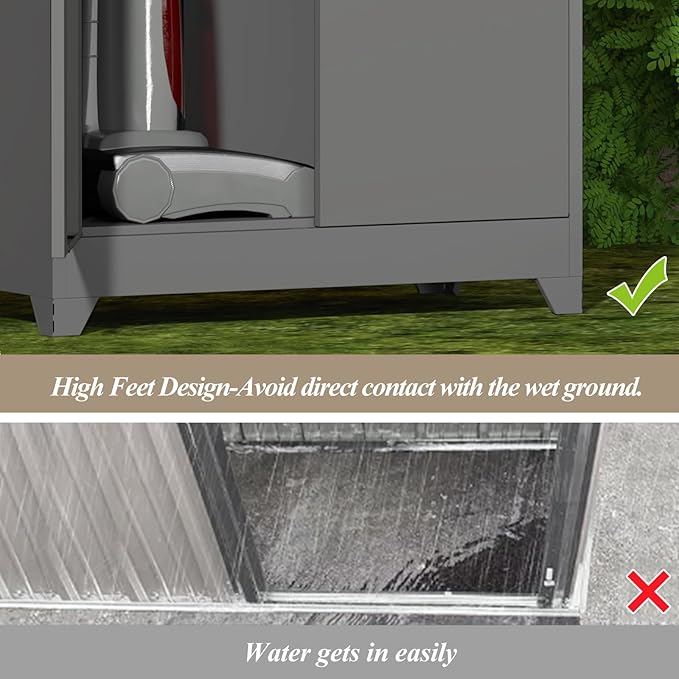 GREATMEET 72.8" Outdoor Broom Storage Cabinet, Metal Storage Cabinets for Cleaning Supplies with Slanted Roof, Utility Closet, Waterproof Outdoor Shed for Broom Mop, Grey