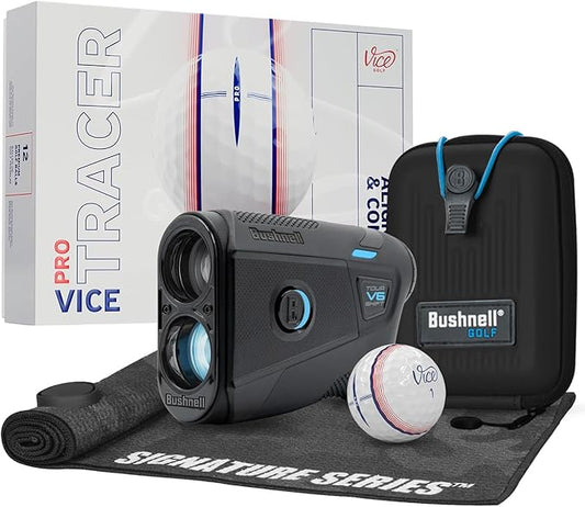 Bushnell Golf Tour V6 Shift Laser Rangefinder with Vice Balls | Slope Compensation, PinSeeker, Magnetic Mount, 1300 YD Range, 6X Magnification | Signature Series Golf Towel