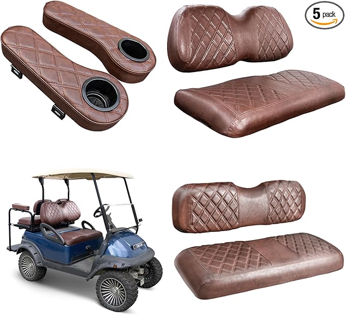 NOKINS Golf Cart Seat Covers for Club Car Precedent, Vinyl Front&Rear Seat Cover with Flip-Up Armrests kit, with Cup Holder, for 1" Square Tube(Brown&Brown 8438)