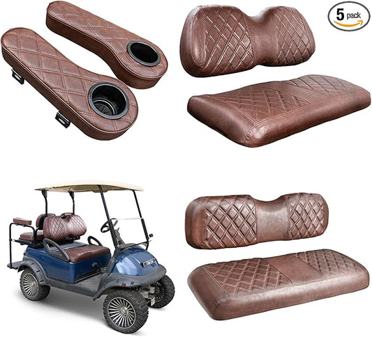 NOKINS Golf Cart Seat Covers for Club Car Precedent, Vinyl Front&Rear Seat Cover with Flip-Up Armrests kit, with Cup Holder, for 1" Square Tube(Brown&Brown 8438)