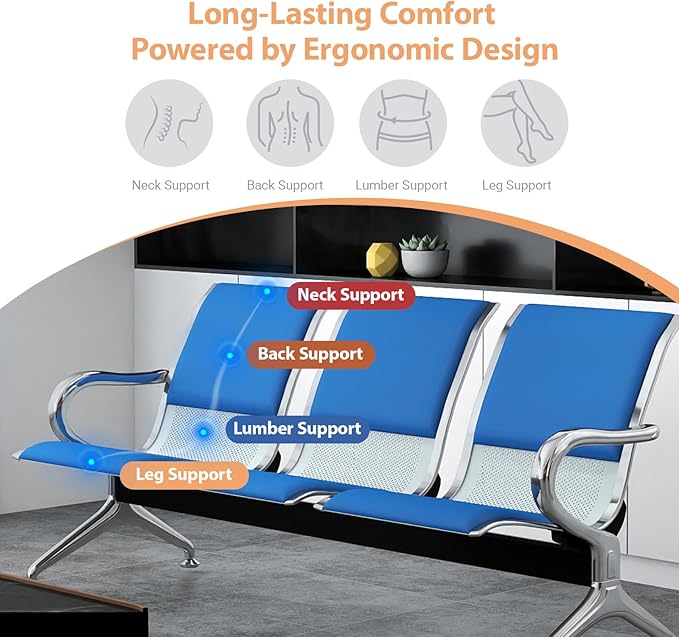Kinfant 6-Seat Waiting Room Chairs with Arms – Heavy-Duty Steel Frame PU Leather Back & Cushioned Seat, Ergonomic Office Reception Guest Chair for Lobby, Clinic, Airport, Blue