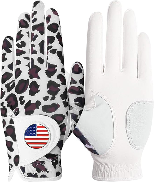 Amy Sport Womens Golf Glove with Ball Marker Rain Left Right Hand Leather Printed Pack, Ladies Golf Gloves All Weather Grip Breathable Soft Size Small Medium Large XL