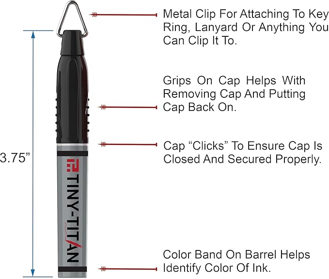 Tiny-Titan Mini Markers, Mini Markers, Keychain Clip, Golf Ball Marker, Clip On Nurse's Badge - Mini Markers - RED Ink - Fine Point - 4 Pens Per Pack