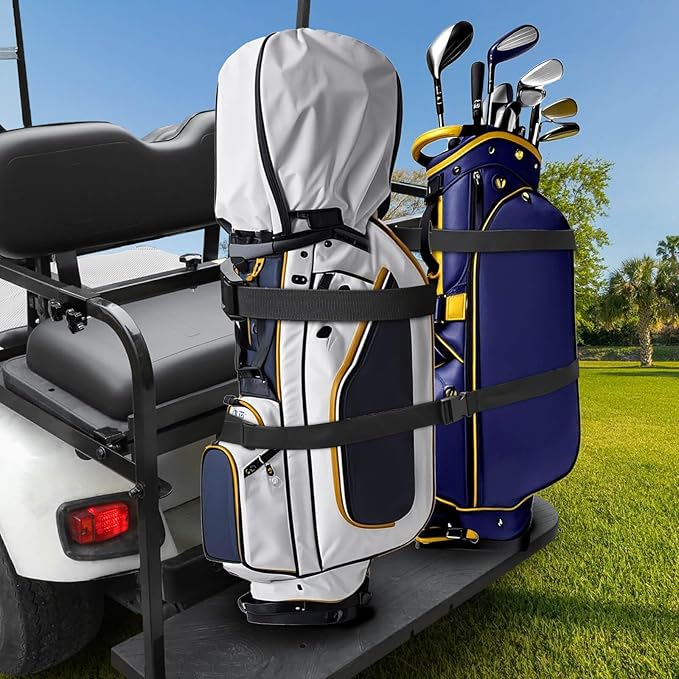 Golf Cart Rear Seat Bag Holder Bracket Attachment for Most 2+2 Golf Cart Rear Seat with 1 Inch Square Tube, No Drilling Golf Cart Bag Attachment for EZGO Club Car Yamaha Golf Carts, Metal / Stable