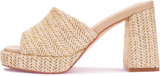 Monrovia Womens Sandals Heels for Women Slide On Block Chunky Platform High Heels Open Toe Raffia Wedge Sandals