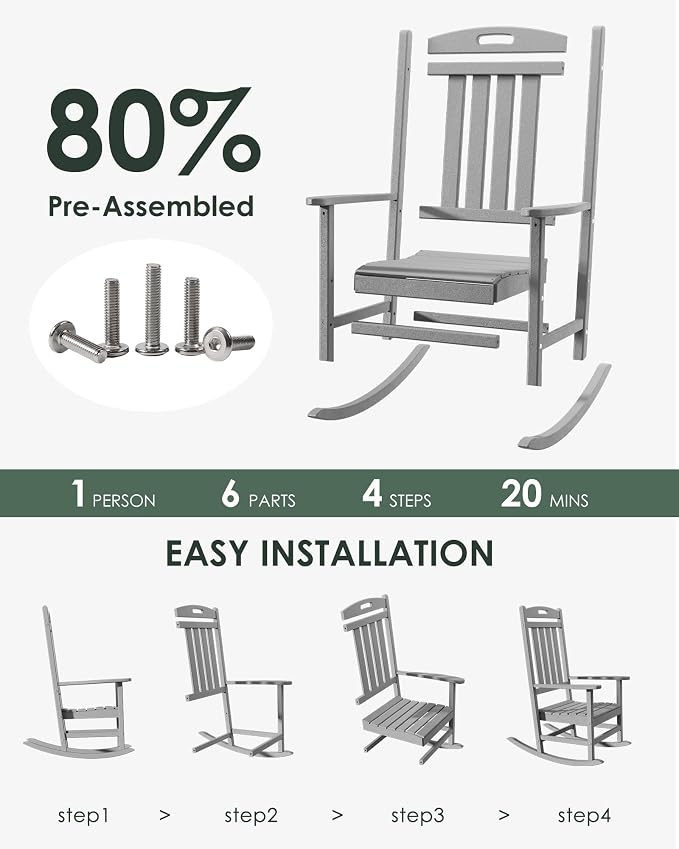 Outdoor Rocking Chair, All-Weather Resistant Poly Lumber Rocker Chair Outdoor - Image 3