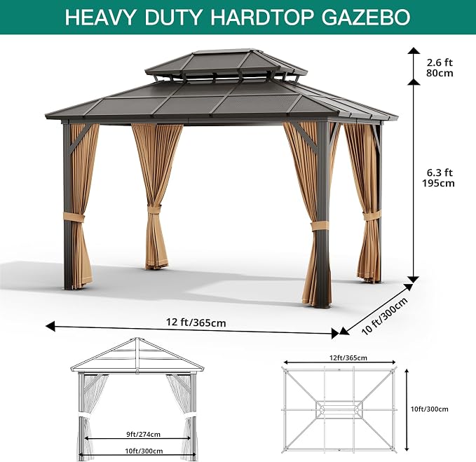 GAOMON 10'x12' Hardtop Gazebo, Outdoor Polycarbonate Double Roof Canopy - Image 3