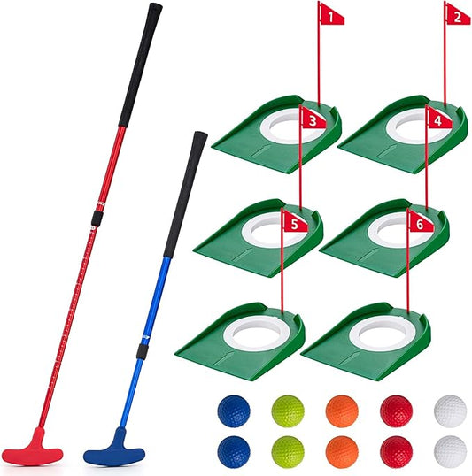 Lenwen Mini Golf Putting Set Include 2 Golf Putter Adjustable Length 2 Way for Right or Left Handed Golfers 10 Practice Balls 6 Putting Cup with Flags for Kids Indoor Gift Office Tournament