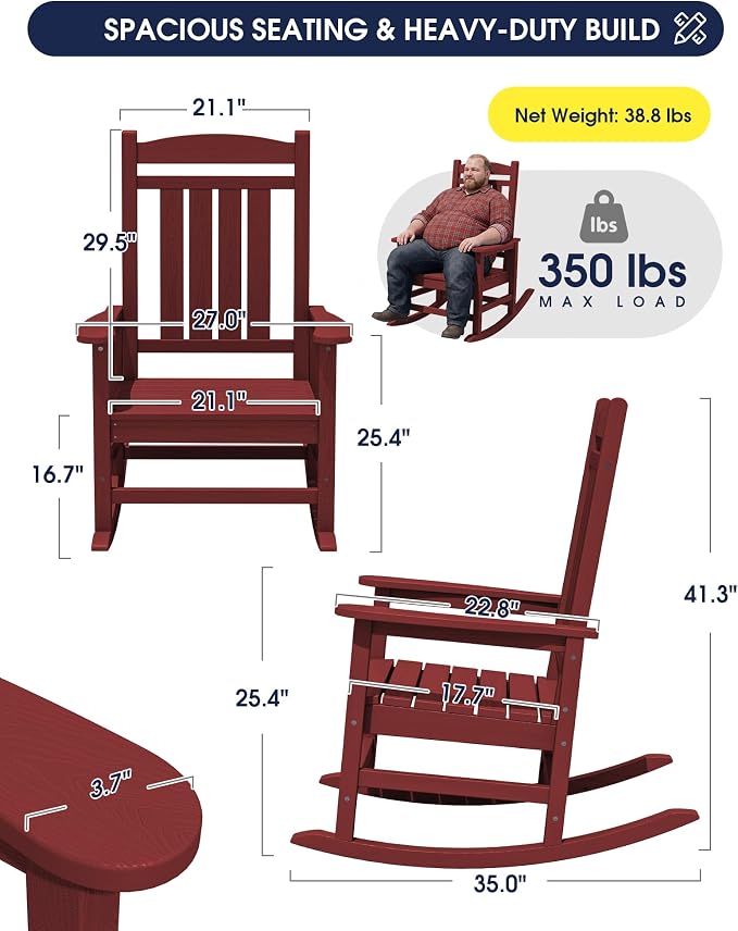 Oversized Outdoor Rocking Chairs Set of 2, HDPE Porch Rockers - Image 3