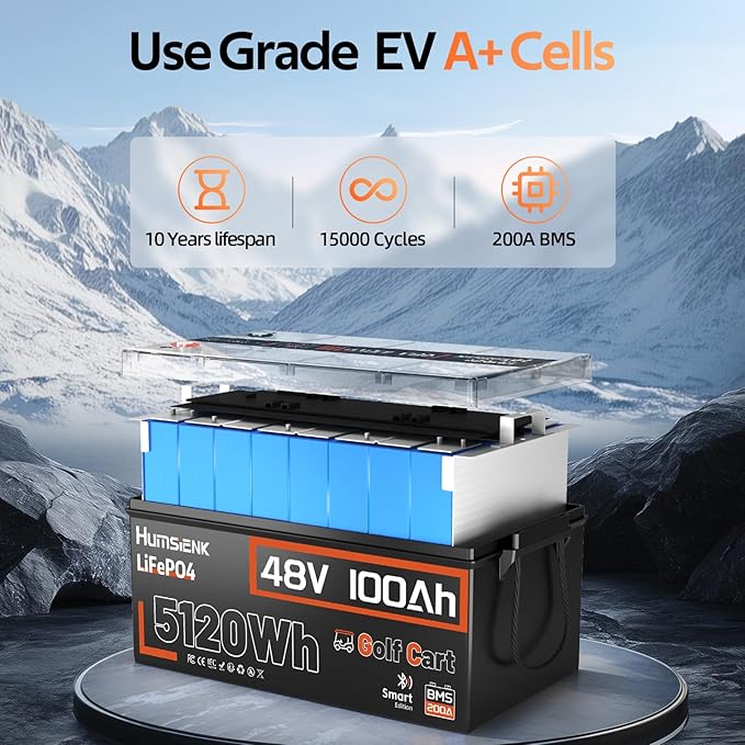 HumsiENK 48V 100Ah Golf Cart LiFePO4 Lithium Battery with Bluetooth Group 8D, 15000+ Deep Cycle Battery, Built-in 200A BMS with Low-Temp Protection Golf Cart Accessories