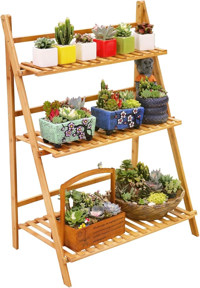 Ufine Bamboo Ladder Plant Stand 3 Tier Foldable Flower Pot Display Shelf | by Ufine
