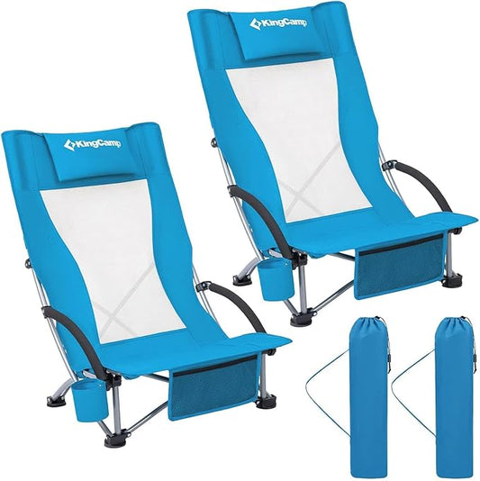 KingCamp Low Beach Chairs, Folding Portable Chair for Adults Lightweight Extra Wide Seat 300lbs Heavy Duty Oversized Backpack, Carry Bag for Camping