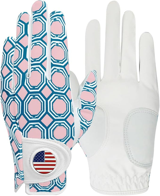 Amy Sport Womens Golf Glove with Ball Marker Rain Left Right Hand Leather Printed Pack, Ladies Golf Gloves All Weather Grip Breathable Soft Size Small Medium Large XL