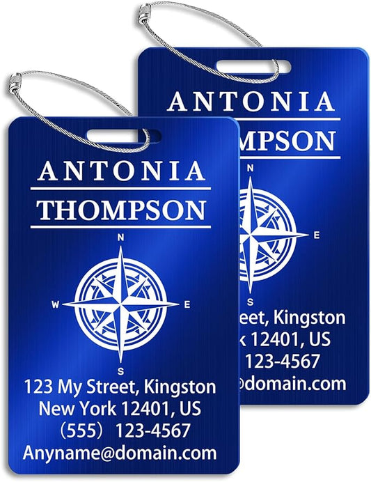 Custom Stainless Steel Luggage Tags (2 Pack) - Personalized Laser Engraved Luggage Tag, Waterproof Durable, for Bags, Backpack Travel, Suitcases (Blue)