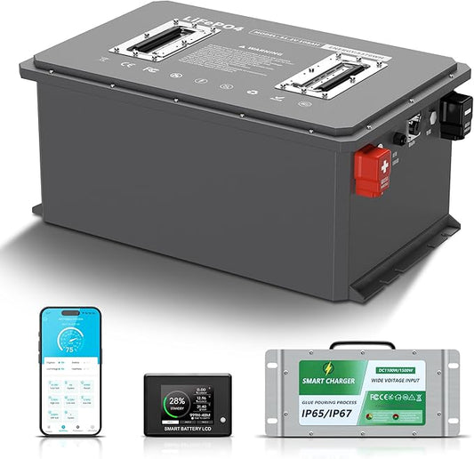 48V 105Ah Lithium Golf Cart Battery, 6000+ Cycles LiFePO4 Battery with 20A Charger, Built-in 250A BMS, 5.37kWh Capacity, Touch Monitor & APP, Peak Current 1000A(3-5s), Low-Temp Protection, Metal Case