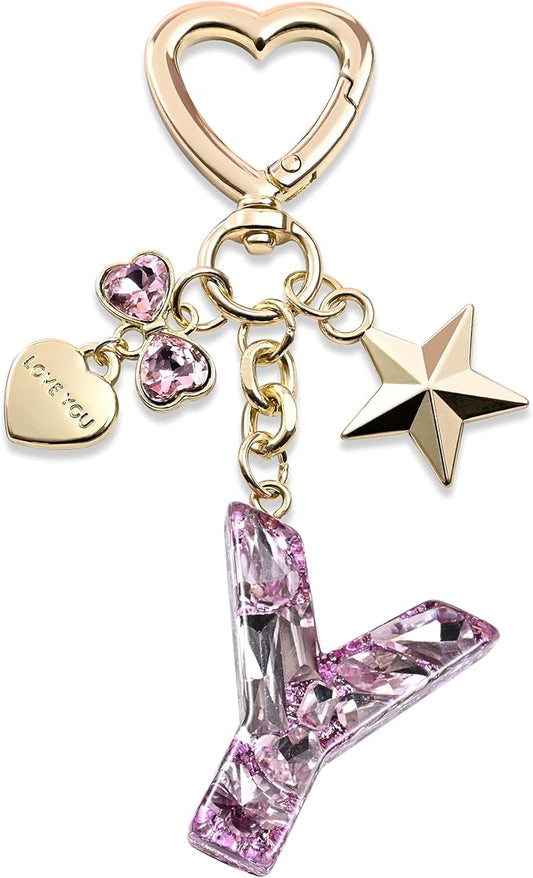 Cute Bling Keychain initial Letter Butterfly Star Pink Purple Gift for Women Girls Bag Cup Charms Accessories