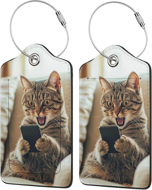 TSA Approved Luggage Tags for Suitcases Cat Phone 2 Pack Funny Leather Carnival Cruise Airport Cute Travel Name Tags Golf Bag tag Ships Essentials Privacy Cover ID Label for Women Men