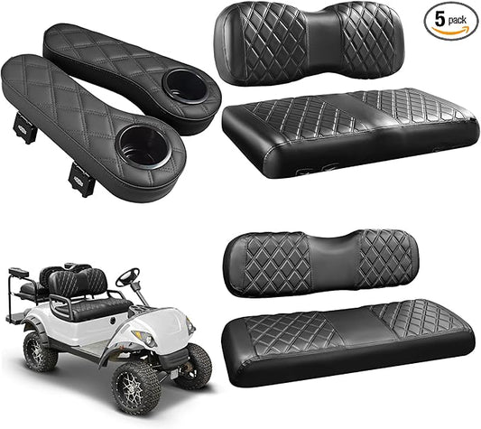 NOKINS Golf Cart Seat Covers for YAMAHA/G29/Drive2, Vinyl Front&Rear Seat Cover with Flip-Up Armrests kit, with Cup Holder, for 1" Square Tube (Black&Black Stitching)