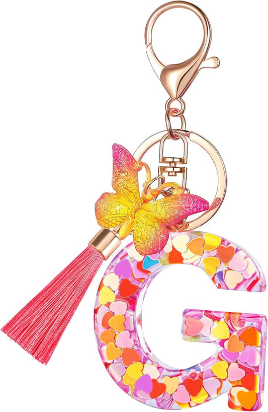Suweibuke Colourful Cute Initial Letter Keychains for Women Girls with Tassel Butterfly, Charm for Purse Handbags Backpacks