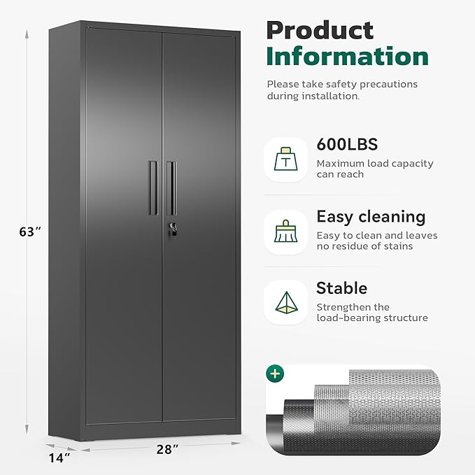 Greenvelly Metal Pantry Cabinet, 63”Tall Black Kitchen Pantry Storage Cabinets with 2 Lock Doors and 4 Adjustable Shelves for Home Office, Dinning Room,Garage