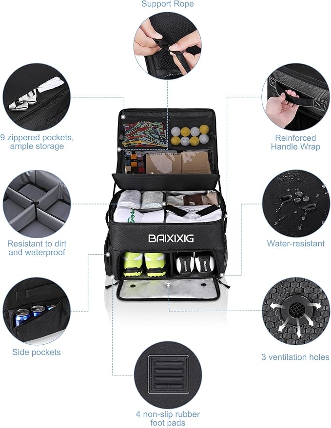 Golf Trunk Organizer, Waterproof Car Golf Locker with Separate Ventilated Compartment for 2 Pair Shoes, Golf Storage for Balls, Tees, Cap, Clothes, Gloves, Accessories, Gifts for Men, Women