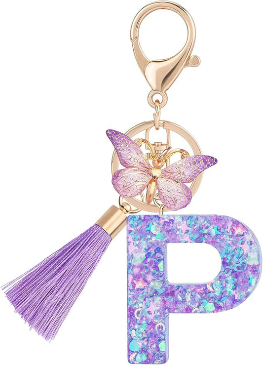 Suweibuke Colourful Cute Initial Letter Keychains for Women Girls with Tassel Butterfly, Charm for Purse Handbags Backpacks